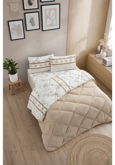 Veluna Battal Boy Lüx Wellsoft Yorgan Çift Taraflı - 2 Adet Yastık Kılıflı Yorgan Seti 215x235 Cm Bej