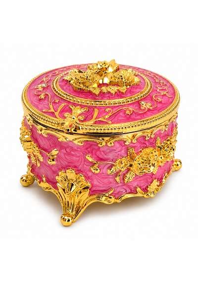 Yuvarlak Renkli Gold İşlemeli Mücevher Kutusu Pembe