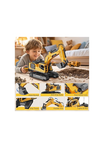 Dev Boy 40 Cm. Duman Çıkaran 12 Kanal 680 Derece Dönebilen Oyuncak Kepçe Metal Uzaktan Kumandalı Şarjlı Dozer Sarı