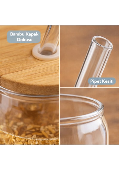 Bambu Kapaklı Pipetli Borosilikat Sunum Bardağı, Kahve Bardağı, Isı Dayanıklı Bardak 600 Ml Coollime