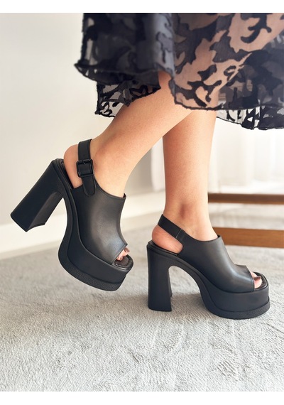 Asmi Shoes Kadın Veronica Siyah Cilt 12 Cm Önü Ve Arkası Açık Platform Topuklu Ayakkabı