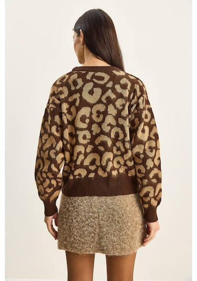 Shade Kadın Leopar Desenli Bisiklet Yaka Şardonlu Basic Triko Kazak 60285010 - Kahverengi-camel Çok renkli