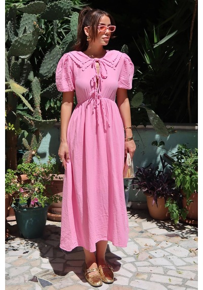 Olcay Bağcık Detaylı Beli Büzgülü Müslin Elbise Pembe 9362-e