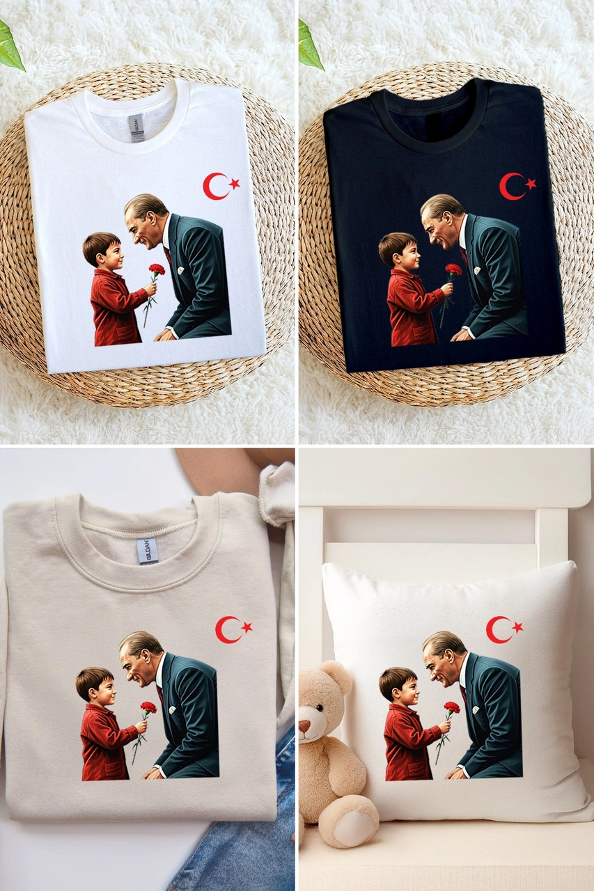 Atatürk Ve Çocuk 29 Ekim Tshirt Kumaşa Baskı Yapılabilen Özel Tasarım Ütü Ile Yapışan Tekstil Dtf Çok Renkli