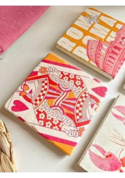 Modern Art Tasarımlı Bardak Altlığı Roma, Pembe Ve Turuncu Kolezyum, İskambil Ve Motto Temalı 1