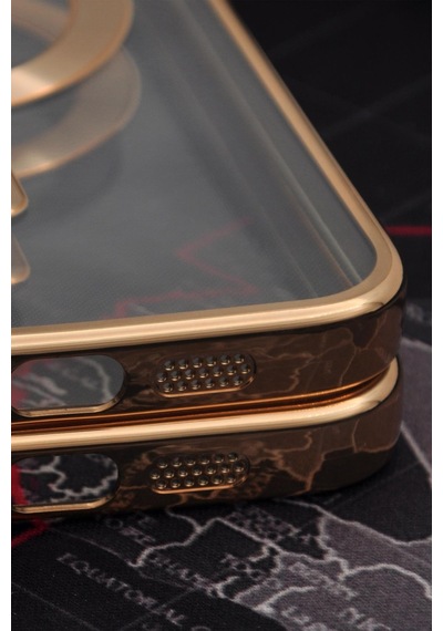 Apple Uyumlu iPhone 13 Pro Max Magsafe Özellikli Altın Sarı Gold Renkli Kenarlı Lazerli Şeffaf Kılıf Lens Korumalı