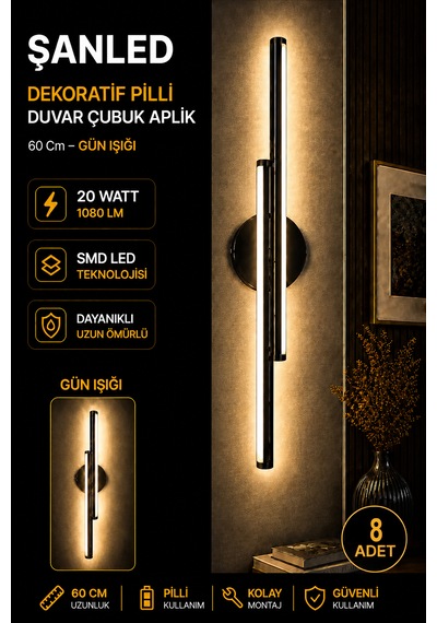 Dekoratif 20w İç Mekan Siyah Kasa Gün Işığı 60 Cm Duvar Aplik Pilli 8 Adet