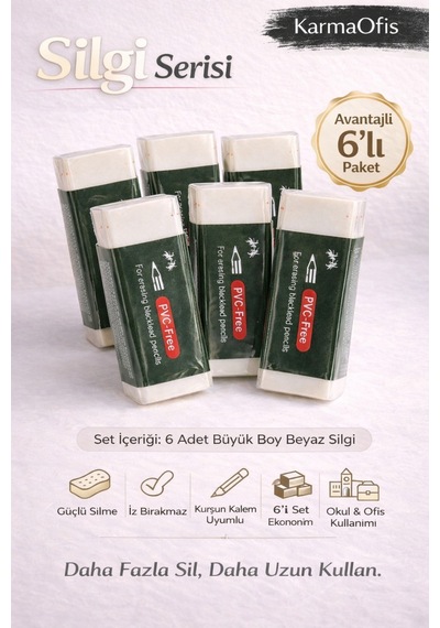 6 Lı Büyük Boy Beyaz Silgi Seti Güçlü Silme, İz Bırakmaz, Pvc Free, Okul & Ofis İçin