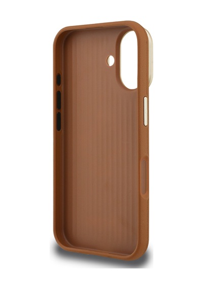 Apple iPhone 16 Uyumlu Kılıf Guess  Lisanslı Grained Yazı Logolu Kamera Standlı Kapak Kahverengi