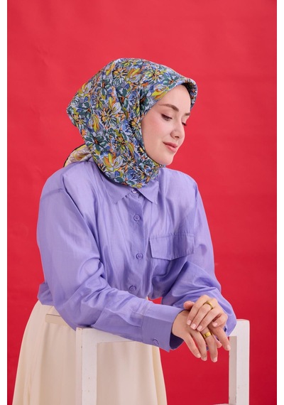 Silk Home Twill İpek Eşarp 11477-27 Mavi Gri, Fosfor Sarı, Soft Turuncu