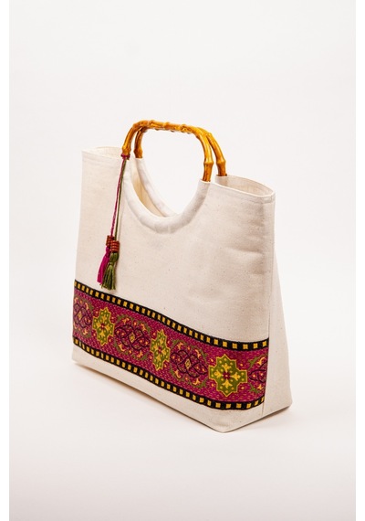 Fabric Craft Bag El Çantası Kanvas Etnik Dokuma Bordürlü Beyaz