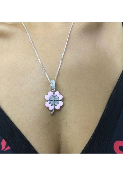 Yonca Kolye Pembe Mineli 925 Ayar Gümüş Sevgiliye Eşe Anneye Arkadaşa İyi Şans Kolyesi