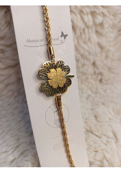 Stainless Steel Hasır Kordon Yonca Çelik Bileklik Gold