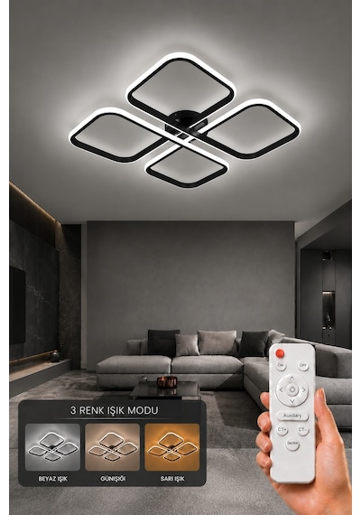 Nuvo Led Plafonyer Avize 3 Renk Kumandalı Siyah