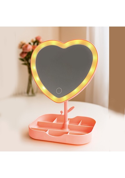 Storebaskı Led Işıklı Pembe Kalpli Organizer Makyaj Aynası