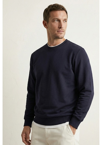Elemge Pamuklu Erkek Sweatshirt Lacivert Soft Touch Relax Fit Basic Bisiklet Yaka 3 Iplik Nefes Alan