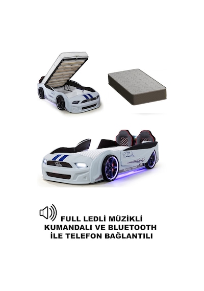 Beyaz Bazalı Arabalı Yatak Kapıları Açılan Mustang Full Ledli Kumandalı Ve Müzikli+ Ortopedik Yatak Beyaz Bazalı Arabalı Yatak Kapıları Açılan Mustang Full Ledli Kumandalı Ve Müzikli+ Ortopedik Yatak