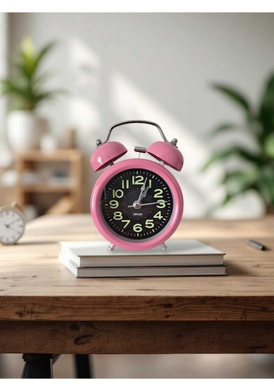 Metal Süper Yüksek Sesli Alarm Saati, Işıklı, Fosforlu, Gece Görünen Kadranlar, Sessiz Saniyeli Pembe