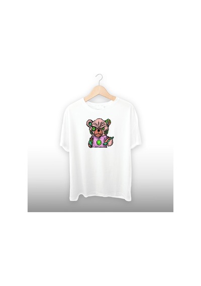 Zombi Ayı Detaylı Unisex Tişört Beyaz