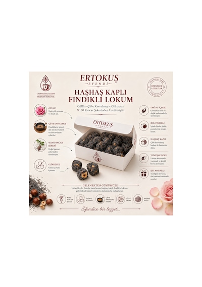 Haşhaş Kaplı Duble Fındıklı Güllü Lokum 250gr Çifte Kavrulmuş %100 Pancar Şekeri - 904530831