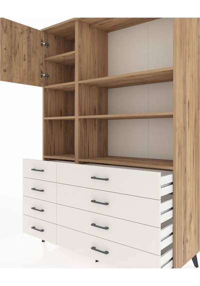 Hyperion Dolap 7 Raflı 8 Çekmeceli Tek Kapaklı 132x44x195 Ça... Çam
