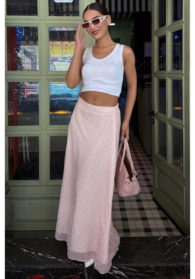 Madmext Pembe Minimal Puantiye Desen Şifon Astarlı Etek Mg2821
