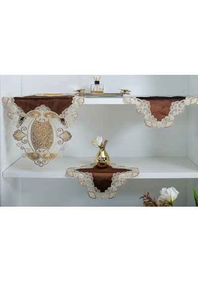 Aydan Aplikeli Güpürlü Kadife Kahverengi Salon Takımı 5 Parça 50 X 140 Cm 1451 Kahve