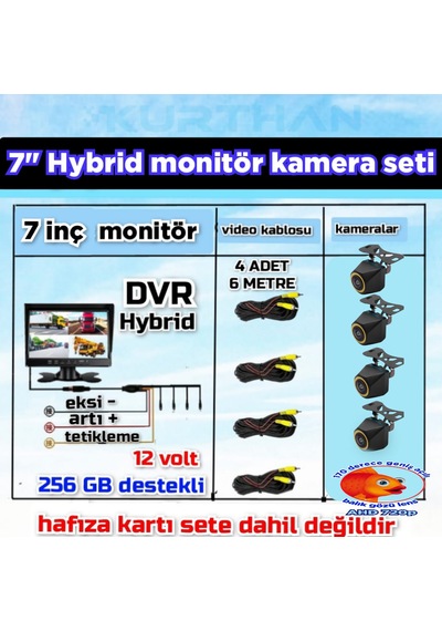 4 Adet 4x3 Cm. Ahd 720p 170 Derece Balık Gözü Lens Kamera 7 İnç 256 Gb Qled Dvr Monitör Seti 12 V