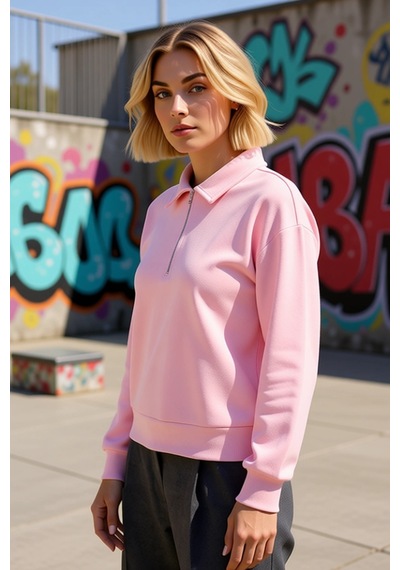 Benerly Kadın Polo Yaka Düşük Kol Fermuarlı Regular Kalıp Örme Sweatshirt Açık Pembe