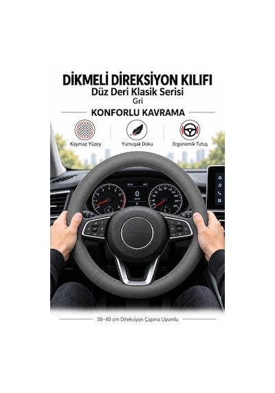 Trobus Renault Kangoo 2024 Ve Sonrası Uyumlu Dikmeli Direksiyon Kılıfı Düz Deri Klasik Gri