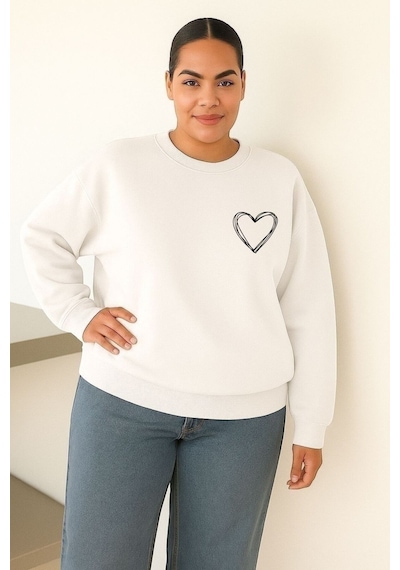 Benroma 3 İplik Penye Kalp Baskılı Büyük Beden Unisex Sweatshırt Beyaz