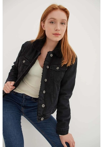 Fashion Frends İçi Kürklü Denim Ceket Siyah