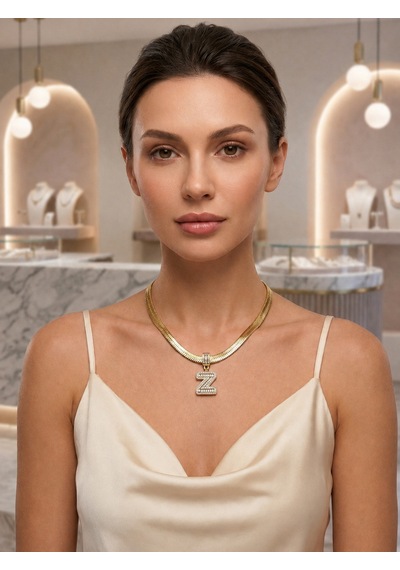 Premium Gold Renk 316l Çelik Z Harf Model Parlak Ve Şık Taşlı Vıp Seri Kolye 45cm Altın