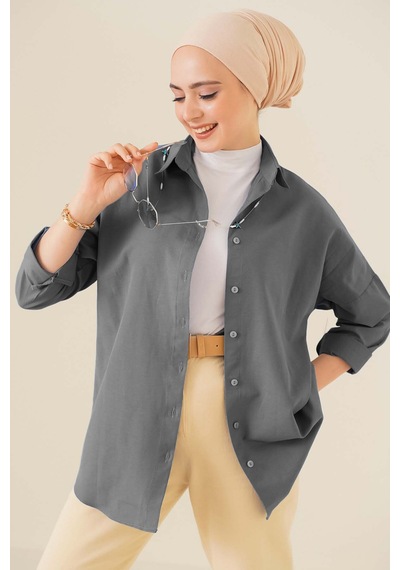 Bigdart 103901 Oversize Basic Tesettür Gömlek - Gri 001