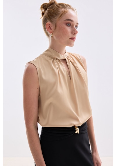 Sateen Yaka Detaylı Saten Bluz - Camel-136679 CAMEL