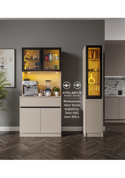 Viona Kum Beji Midi Sağ Vitrinli Komple Mdf Led Aydınlatmalı Kahve Köşesi Bej