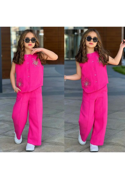 Bam Bam Çiçek Aksesuarlı Müslin Kız 2 Li Takım5-14 Yaş -71141645 - Koyu Pembe