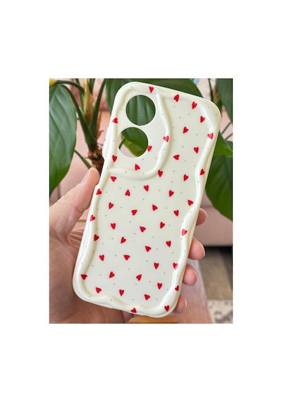 Fibaks Oppo A60 Uyumlu Kılıf Kamera Korumalı Dalga Kenarlı Kırmızı Kalp Desenli Silikon Kapak