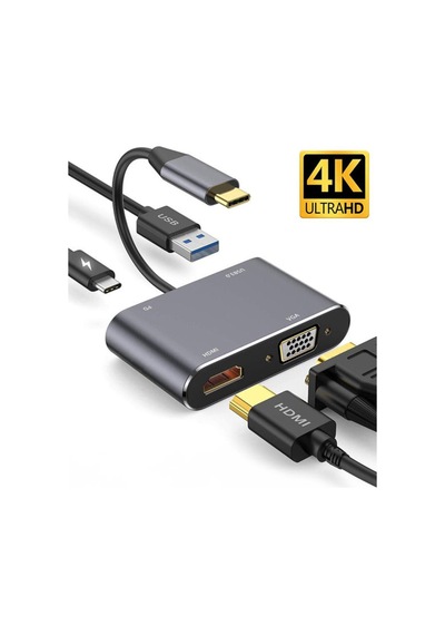 Thentech Usb C'den 4k Hdmı Vga Adaptörü Usb 3.0 Şarj Güç Portu İle All-in-one Hub Görüntü Aktarma Adaptörü
