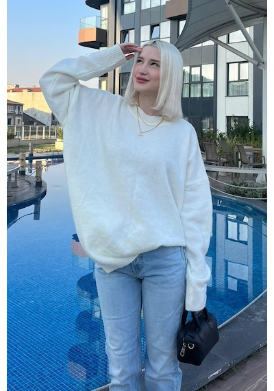 Madmext Ekru Bisiklet Yaka Oversize Triko Kazak Mg1969 - Ekru