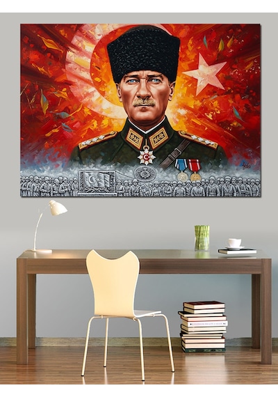 Türk Bayrağı, Kalpak Başlıklı Atatürk Ve Kahraman Türk Askeri Dekoratif Kanvas - Mdf Ahşap Tablo
