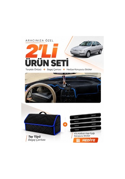 Lada Vega 1995-2007 Uyumlu Torpido Örtüsü + Tay Tüyü Bagaj Çantası + Sticker Seti - Siyah Mavi