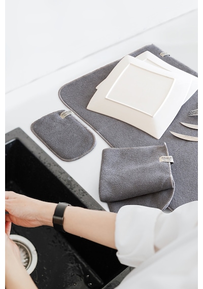 Gri Microwell 3 Prç Set Microfiber Bulaşık Kurutma Matı 3'lü Mutfak Seti Kurulama Bezi Örtüsü