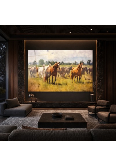 Yeşil Çayırda Koşan Atlar Çerçevesiz Cam Tablo