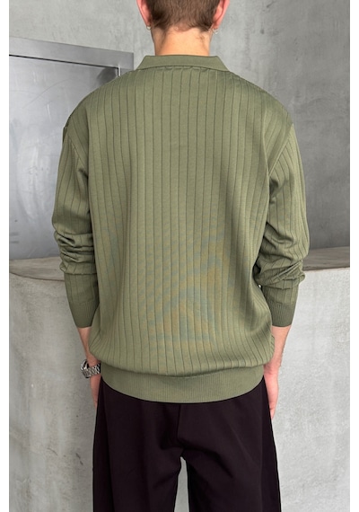 Erkek Polo Yaka Fitilli Oversize Triko Kazak Haki