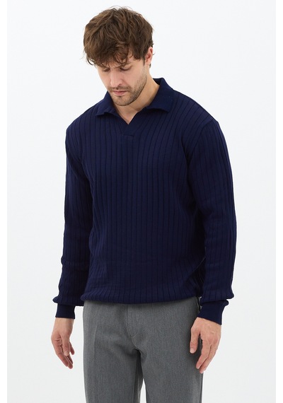 Erkek Lacivert Slim Fit Uzun Kollu Polo Yaka Triko Kazak Lacivert