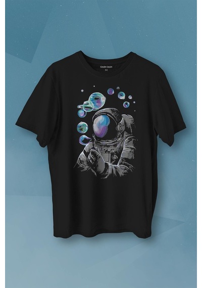 Baloncuk Köpük Tabancası Uzayda Astronot Cosmos Balon Baskılı Tişört Unisex T-shirt 001