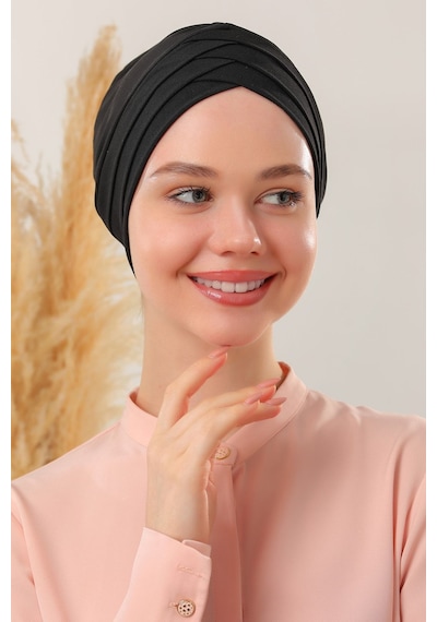 Melodi Scarf Kadın Üç Bantlı Çapraz Hazır Türban Dış Bone Siyah Taş