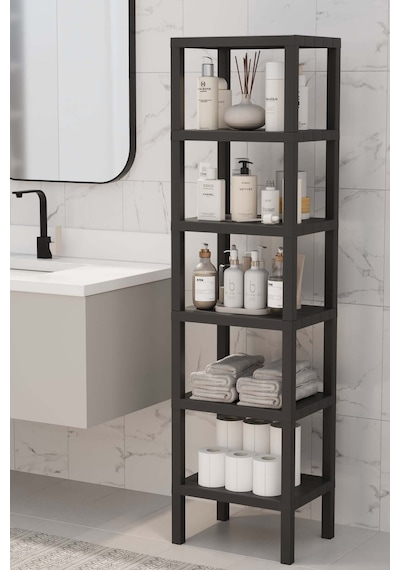 Shelf 6 Katlı Düzenleyici Plastik Raf Ünitesi Siyah, Kitaplık, Mutfak, Banyo Rafı Dolabı Siyah