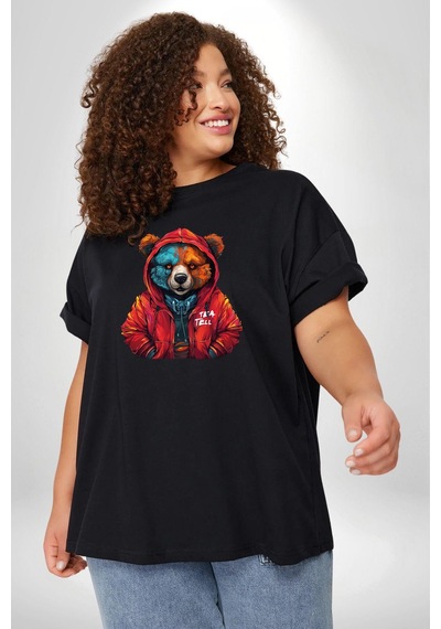 Angemiel Kırmızı Hoodie Ayı Siyah Büyük Beden Erkek Kadın Unisex Basic Ön Baskılı Tişört Siyah